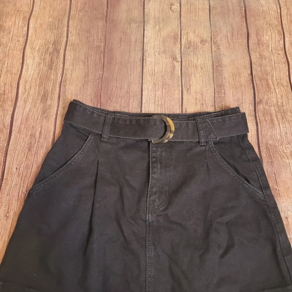 Free People Denim Skirt Womens 26 Black Jade Mini Belted‎ Pockets
